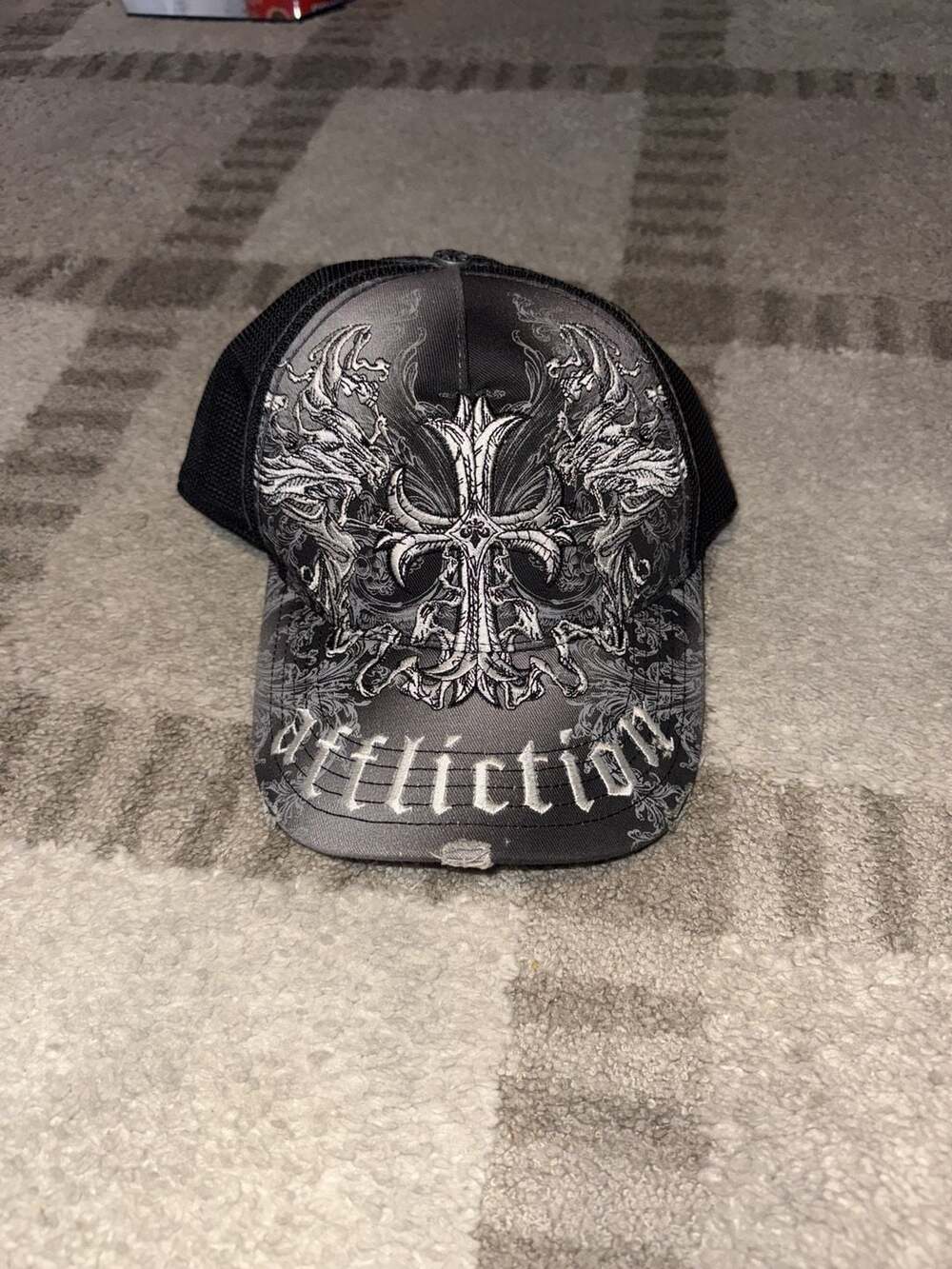 Affliction Trucker Hat Black Cross Distressed
